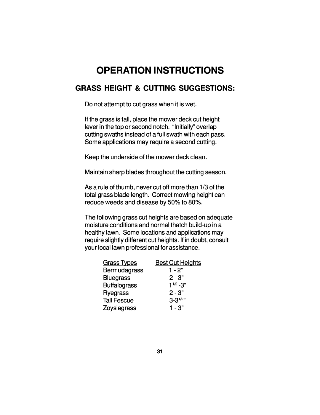 Dixon 14295-0804 manual Grass Height & Cutting Suggestions, Operation Instructions 