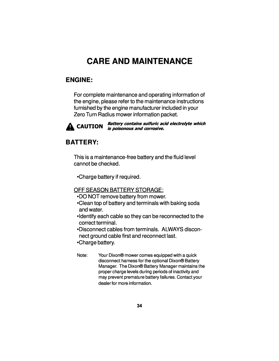 Dixon 14295-0804 manual Engine, Battery, Care And Maintenance 