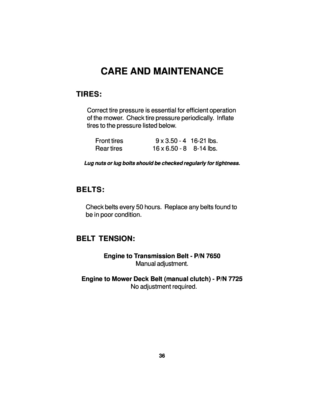Dixon 14295-0804 manual Tires, Belts, Belt Tension, Care And Maintenance, Engine to Transmission Belt - P/N 