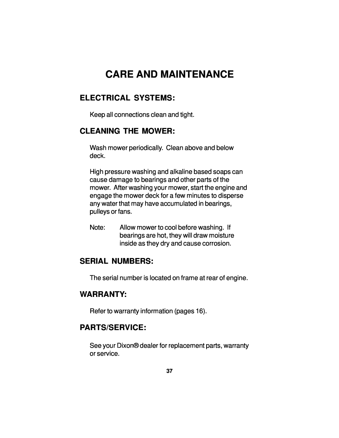 Dixon 14295-0804 Electrical Systems, Cleaning The Mower, Serial Numbers, Warranty, Parts/Service, Care And Maintenance 