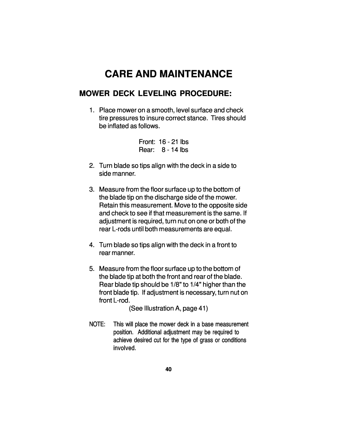 Dixon 14295-0804 manual Mower Deck Leveling Procedure, Care And Maintenance 