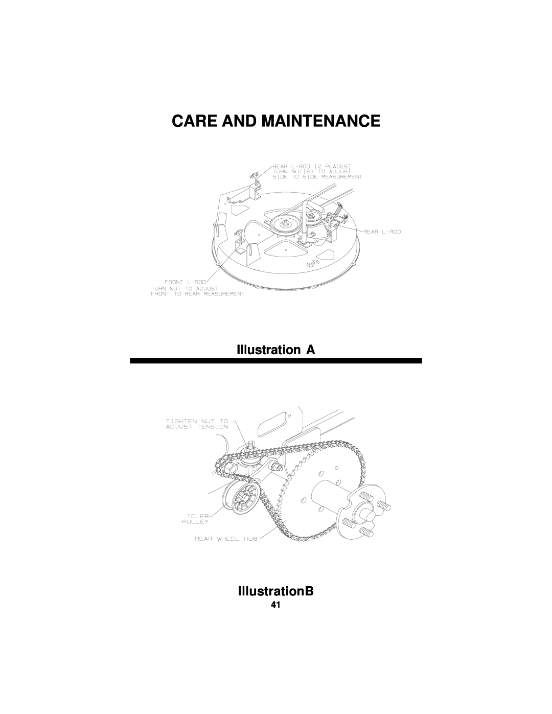 Dixon 14295-0804 manual Illustration A IllustrationB, Care And Maintenance 
