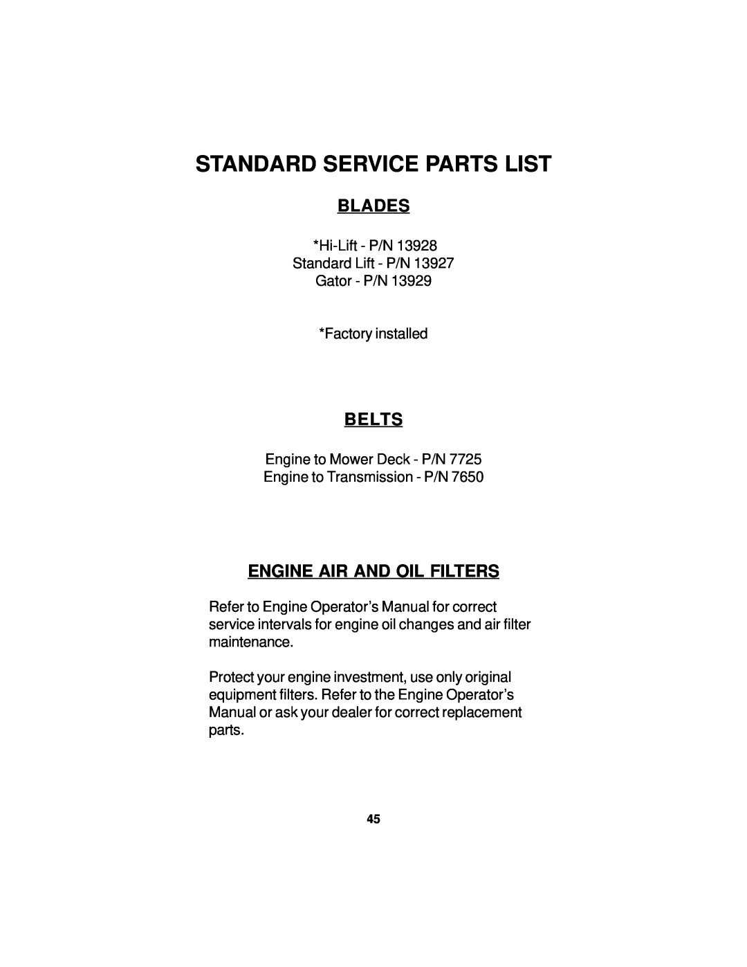 Dixon 14295-0804 manual Standard Service Parts List, Blades, Engine Air And Oil Filters, Belts 