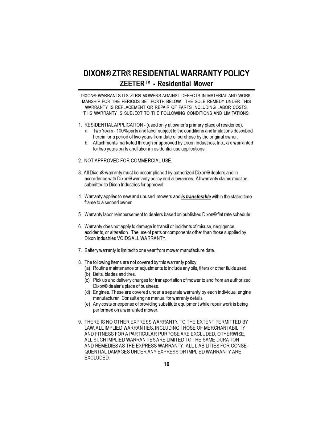 Dixon 14295-1005 manual Dixon ZTR Residential Warranty Policy, Zeeter Residential Mower 