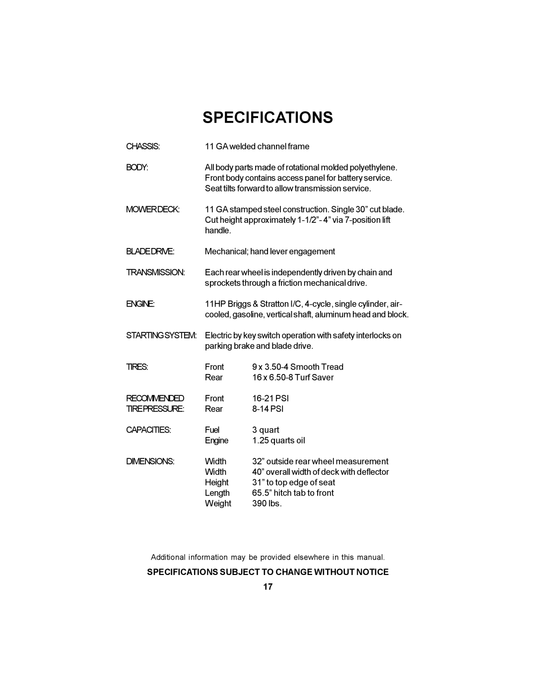 Dixon 14295-1005 manual Specifications, Body 