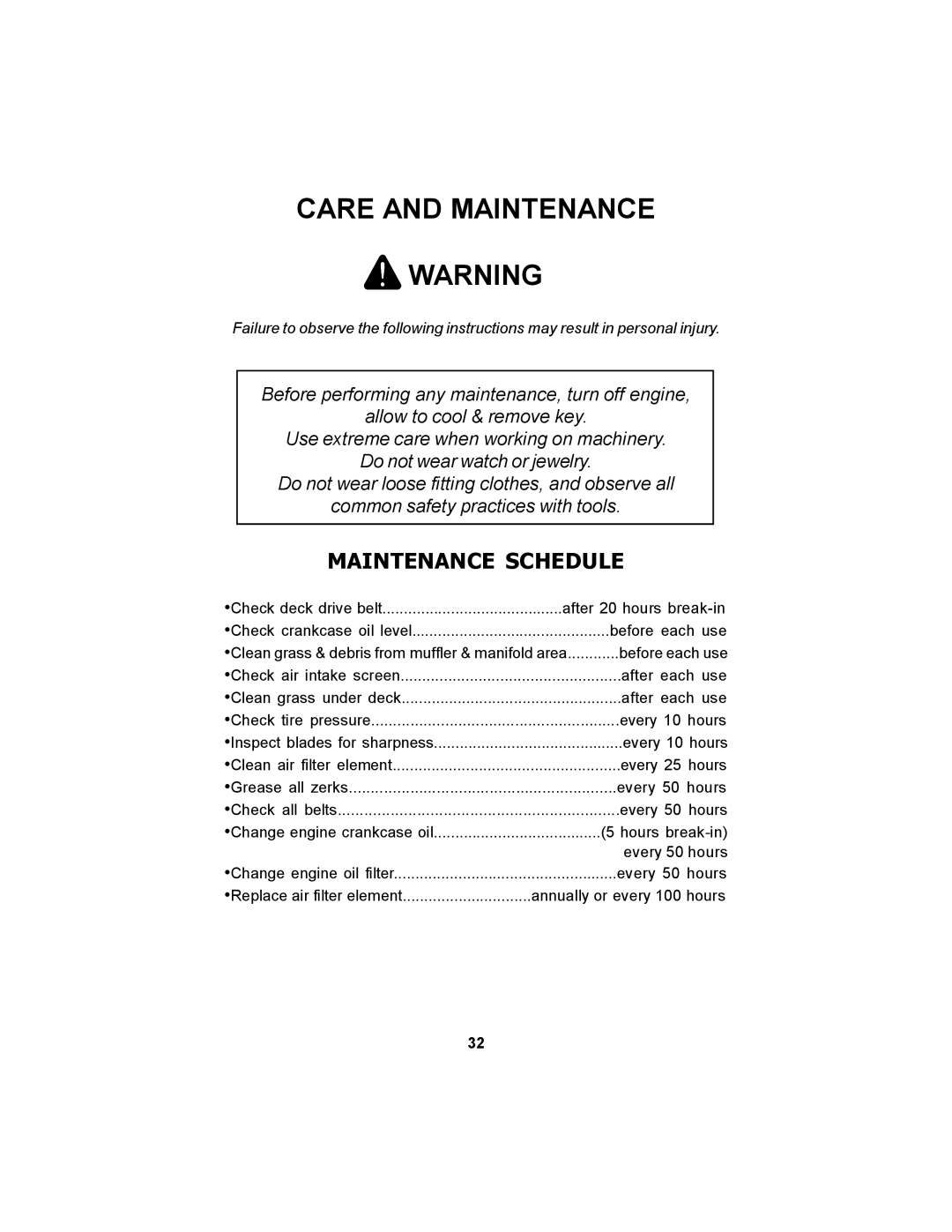 Dixon 14295-1005 manual Care and Maintenance, Maintenance Schedule 