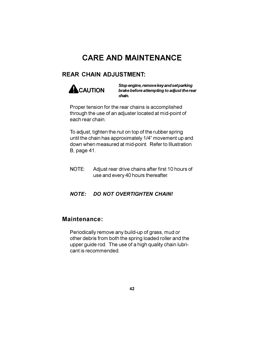 Dixon 14295-1005 manual Rear Chain Adjustment, Maintenance 