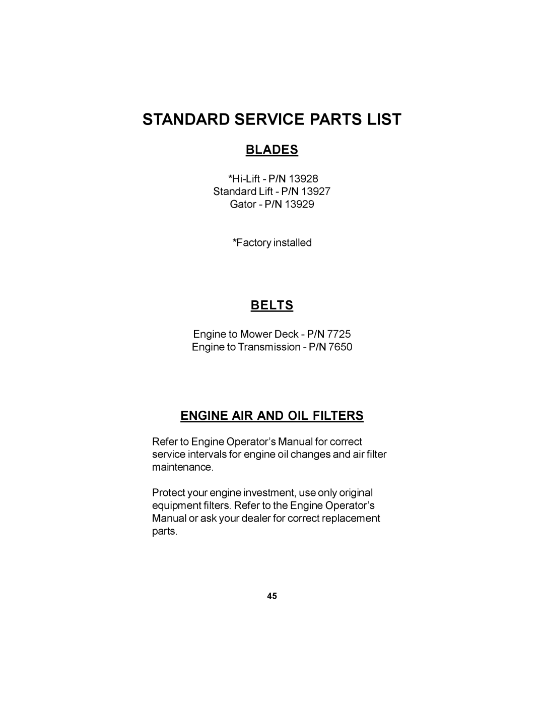 Dixon 14295-1005 manual Standard Service Parts List, Blades, Engine AIR and OIL Filters 