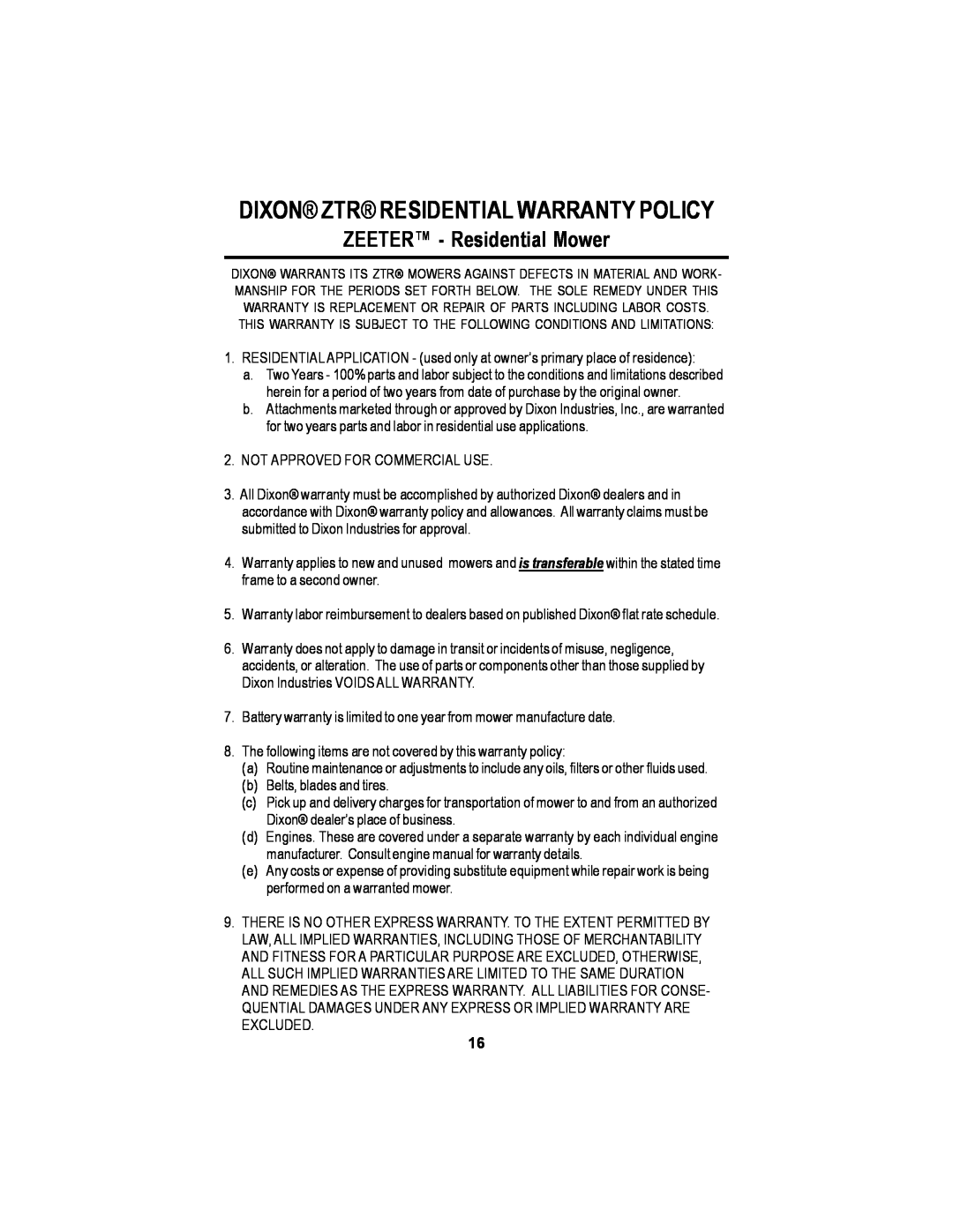 Dixon 14295-1005 manual ZEETER - Residential Mower, Dixon Ztr Residential Warranty Policy 