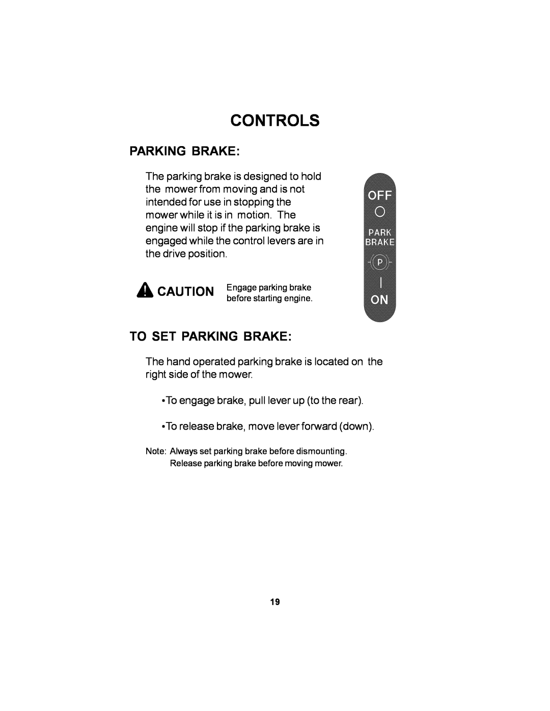 Dixon 14295-1005 manual To Set Parking Brake, Controls 