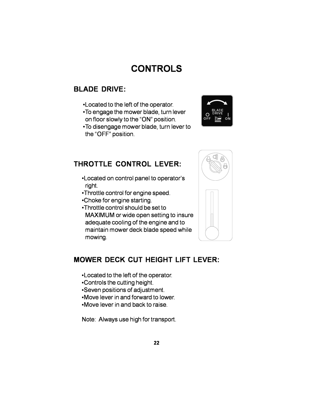 Dixon 14295-1005 manual Blade Drive, Throttle Control Lever, Mower Deck Cut Height Lift Lever, Controls 