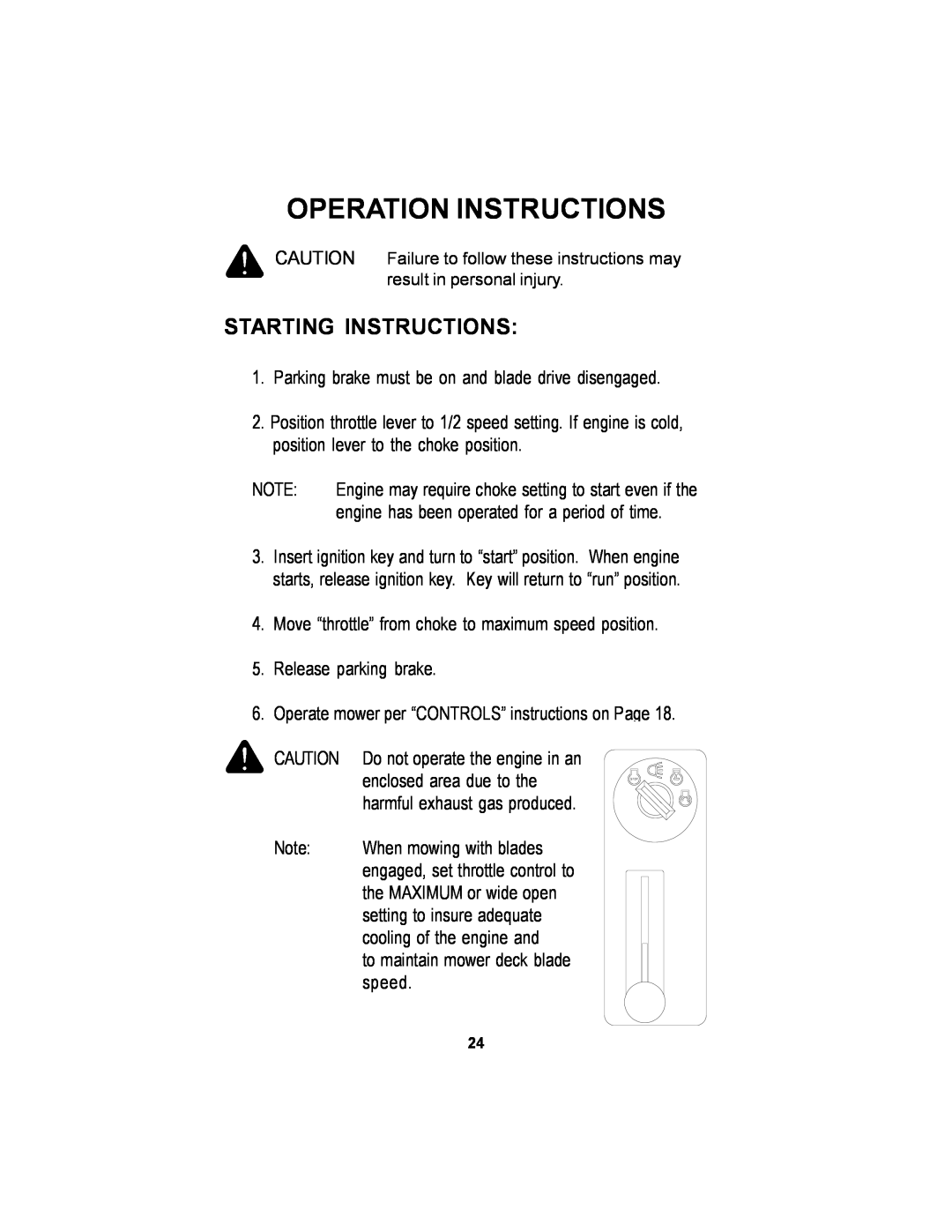 Dixon 14295-1005 manual Starting Instructions, Operation Instructions 