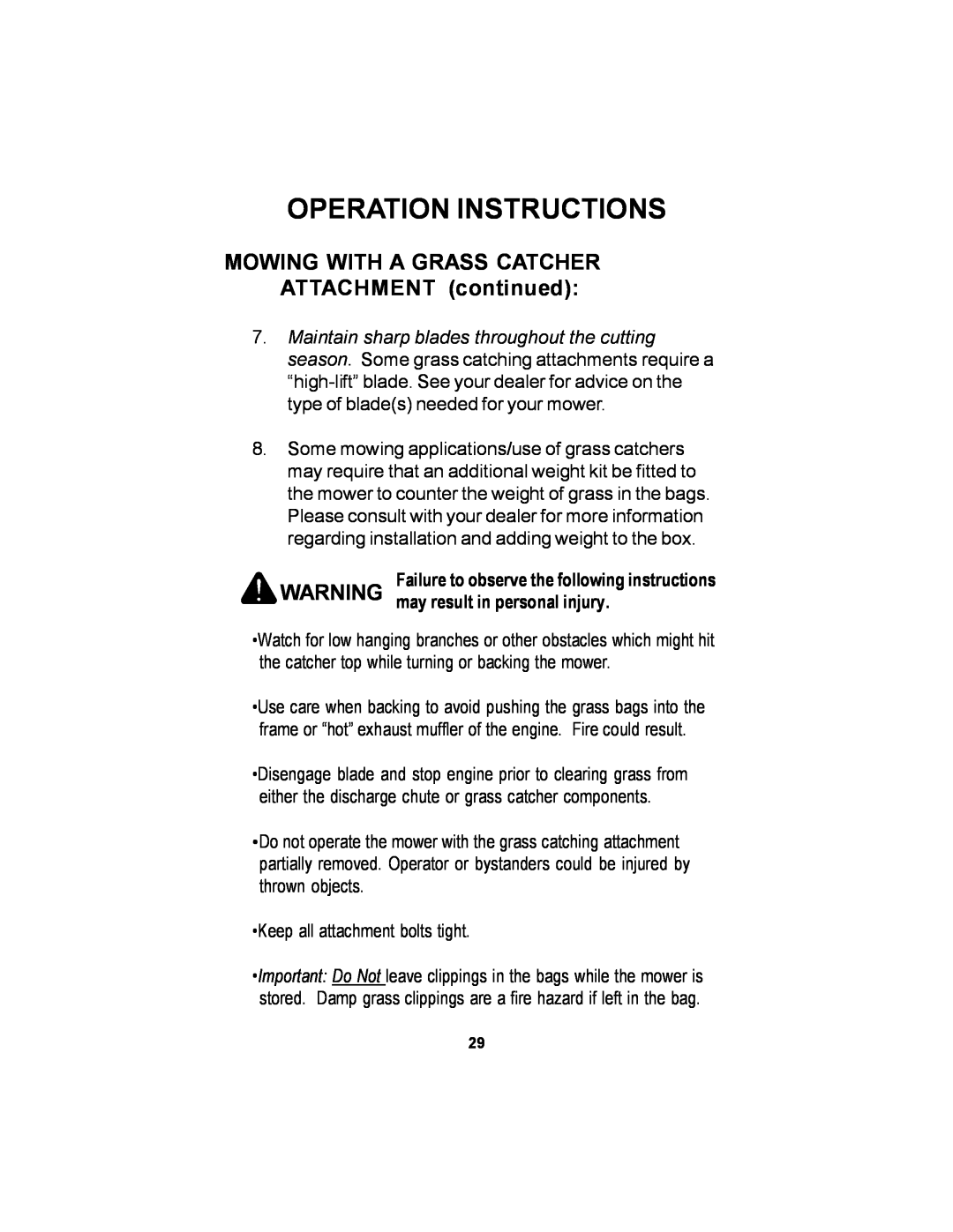 Dixon 14295-1005 manual MOWING WITH A GRASS CATCHER ATTACHMENT continued, Operation Instructions 