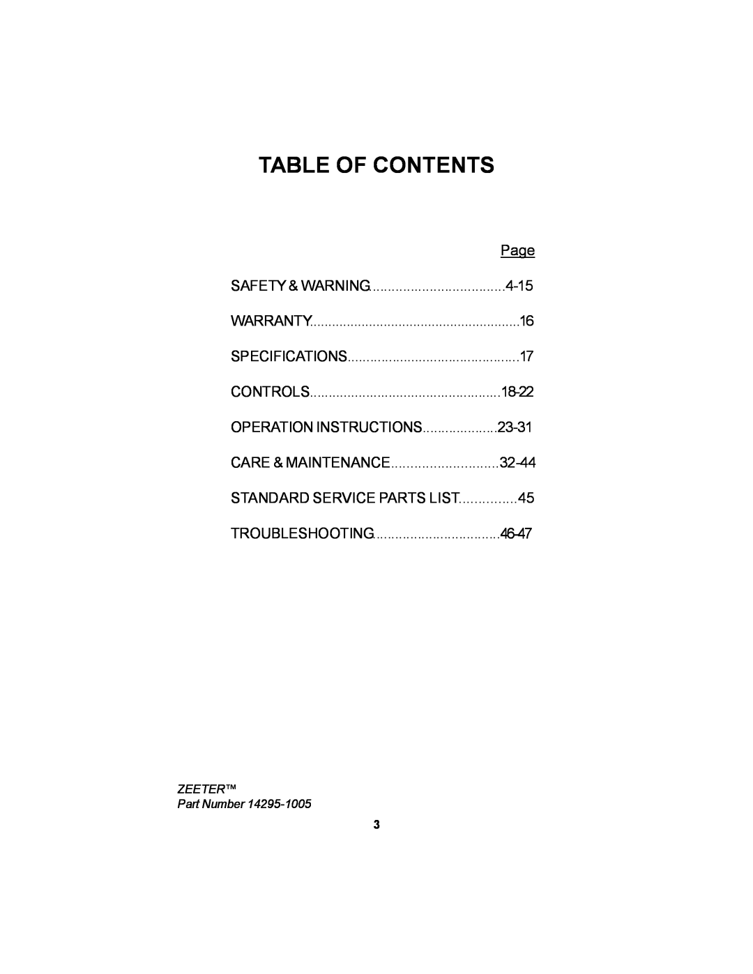 Dixon 14295-1005 Table Of Contents, Page, 4-15, Operation Instructions, Standard Service Parts List, ZEETER Part Number 