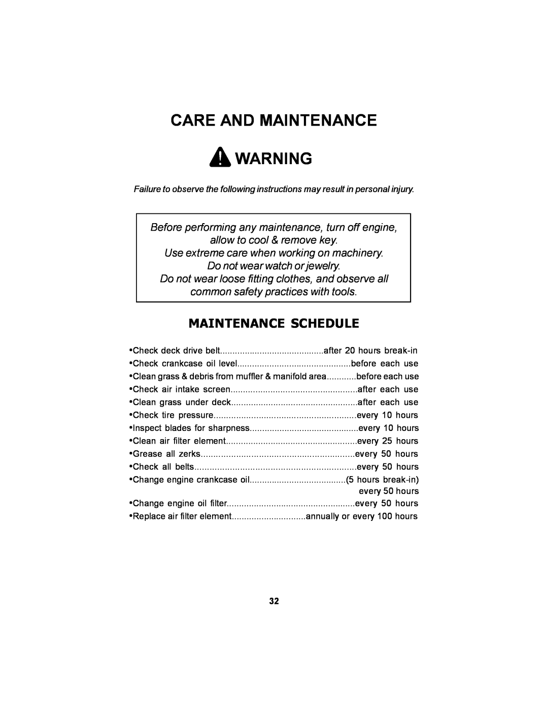 Dixon 14295-1005 manual Care And Maintenance, Maintenance Schedule, Before performing any maintenance, turn off engine 