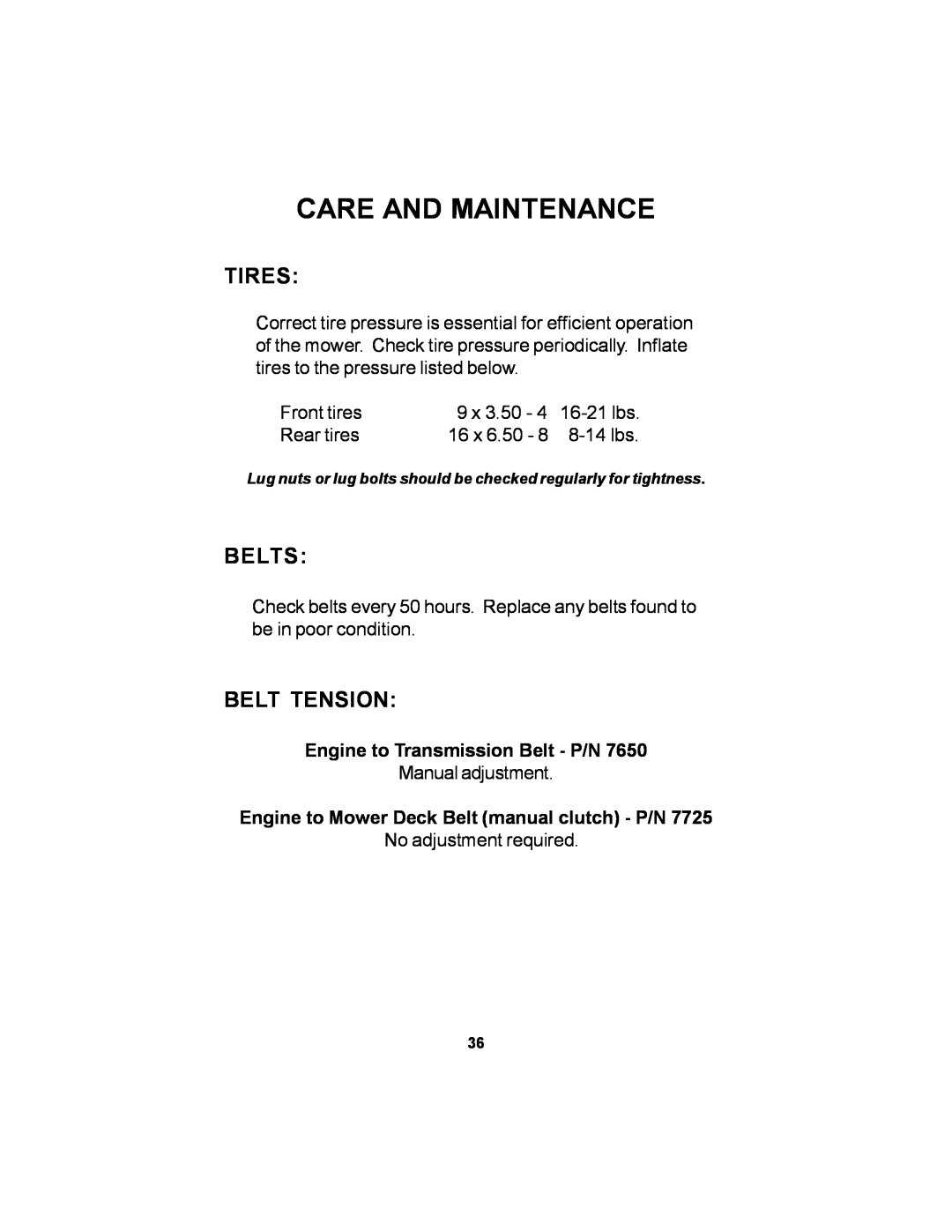 Dixon 14295-1005 manual Tires, Belts, Belt Tension, Care And Maintenance, Engine to Transmission Belt - P/N 