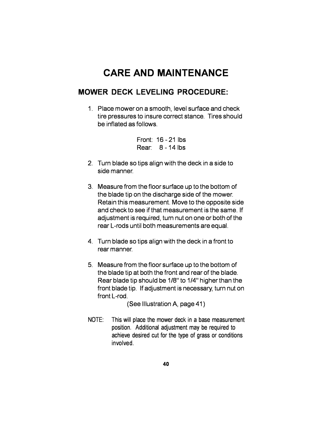Dixon 14295-1005 manual Mower Deck Leveling Procedure, Care And Maintenance 