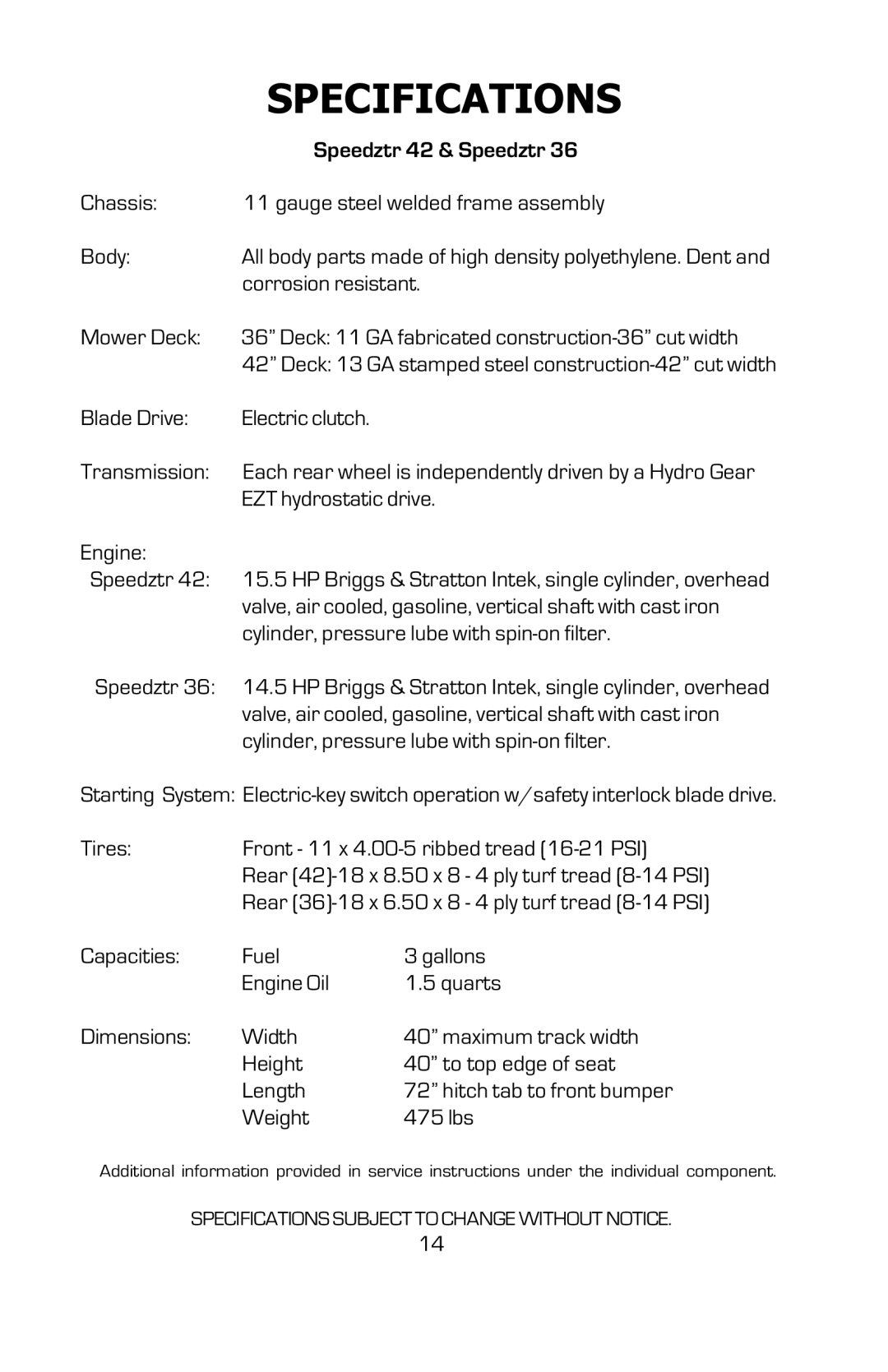 Dixon 16134-0803 manual Specifications 