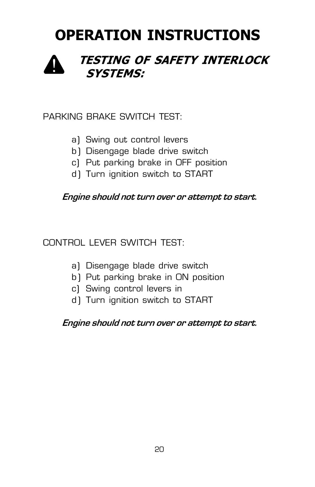 Dixon 16134-0803 manual Testing of Safety Interlock Systems, Parking Brake Switch Test, Control Lever Switch Test 