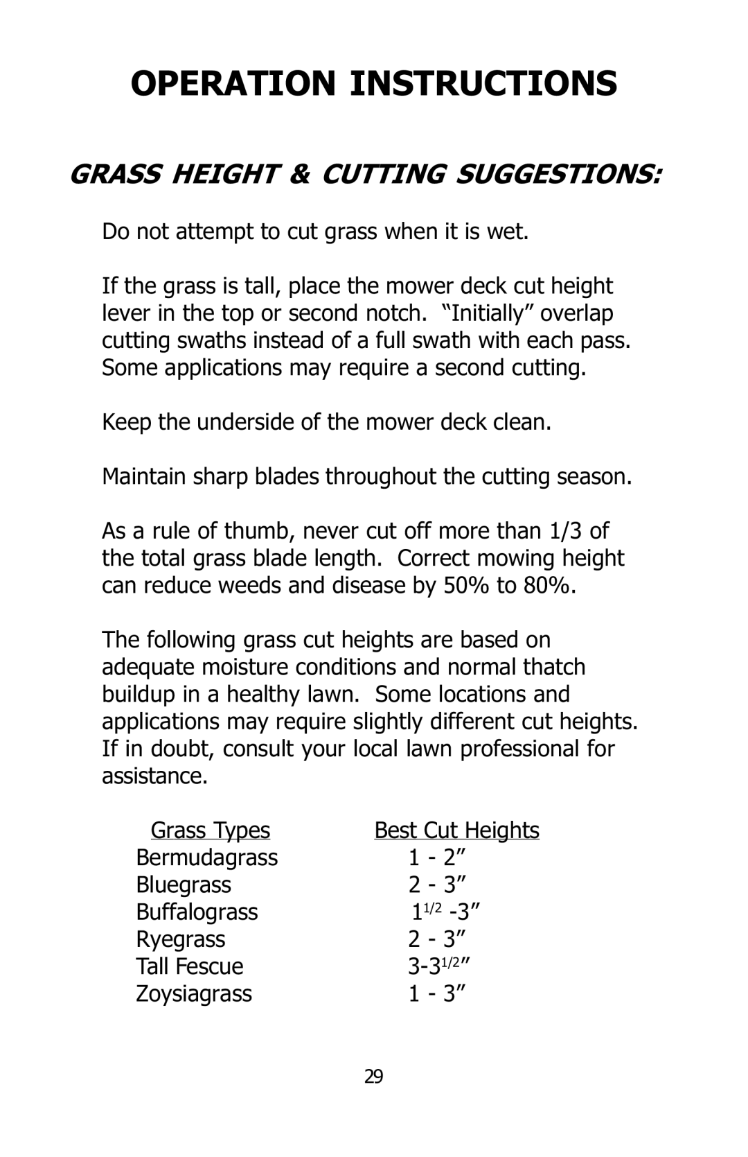 Dixon 16134-0803 manual Grass Height & Cutting Suggestions 