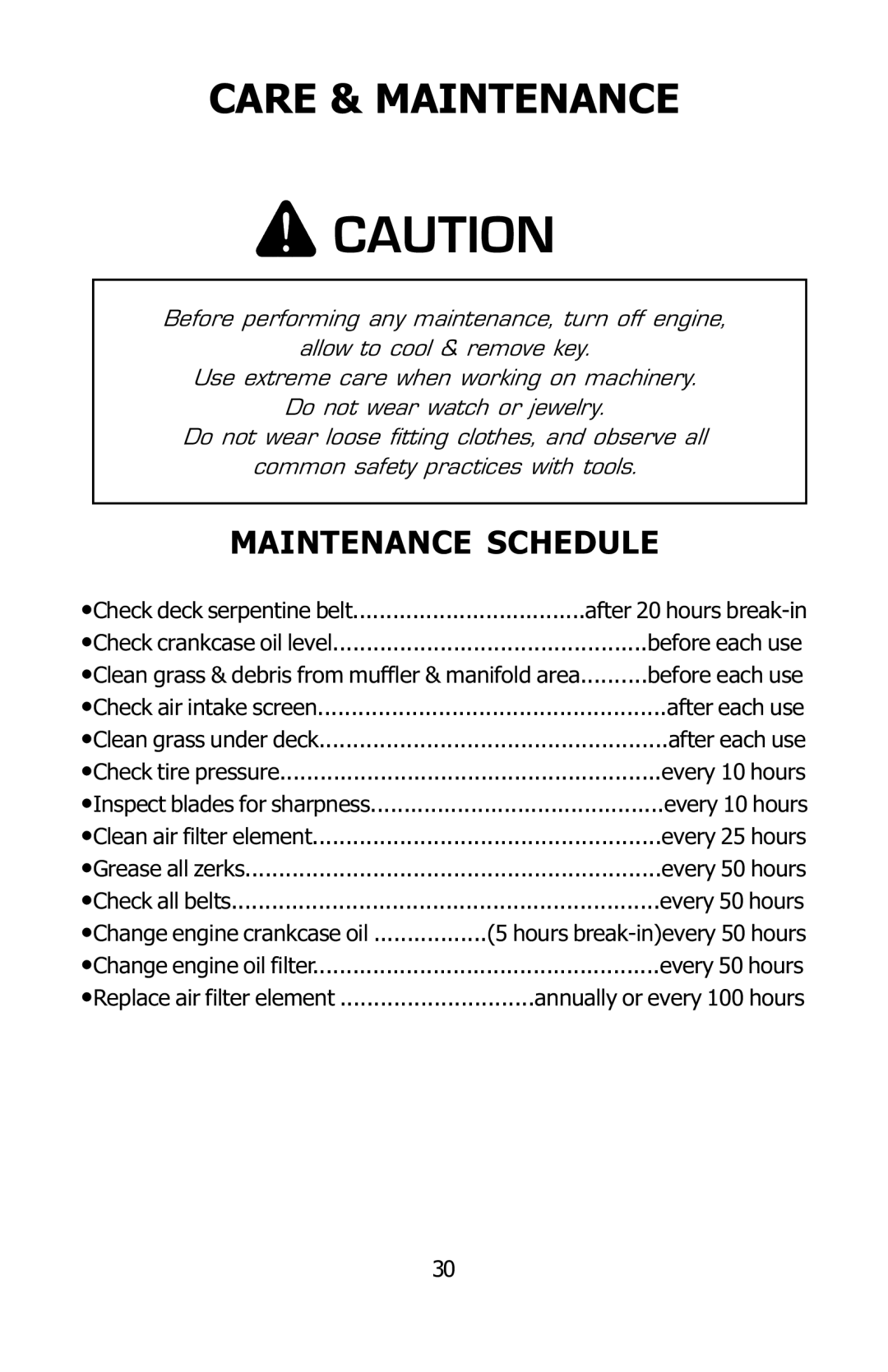 Dixon 16134-0803 manual Care & Maintenance, Maintenance Schedule 