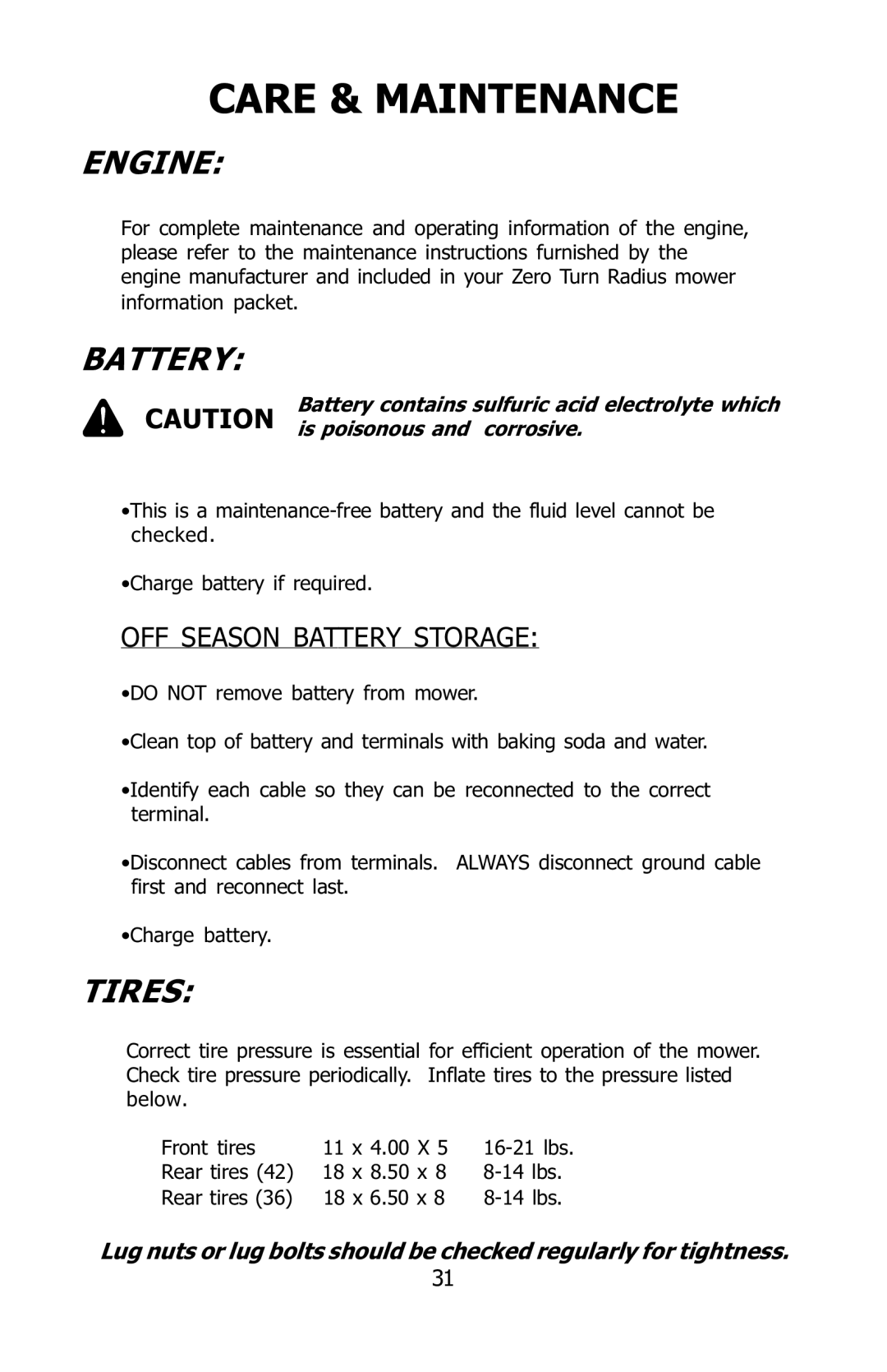 Dixon 16134-0803 manual Engine, Tires, OFF Season Battery Storage 