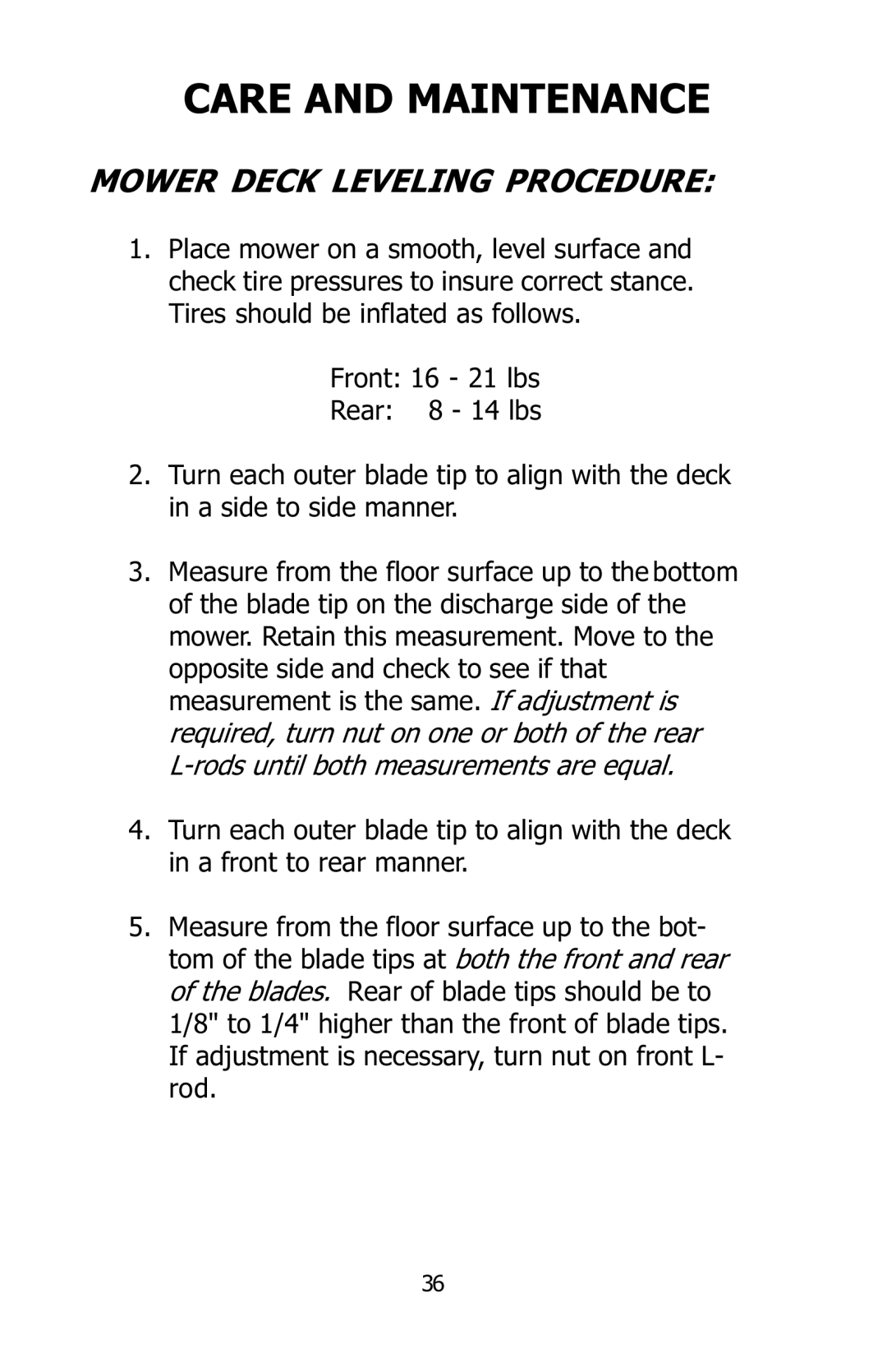 Dixon 16134-0803 manual Care and Maintenance, Mower Deck Leveling Procedure 