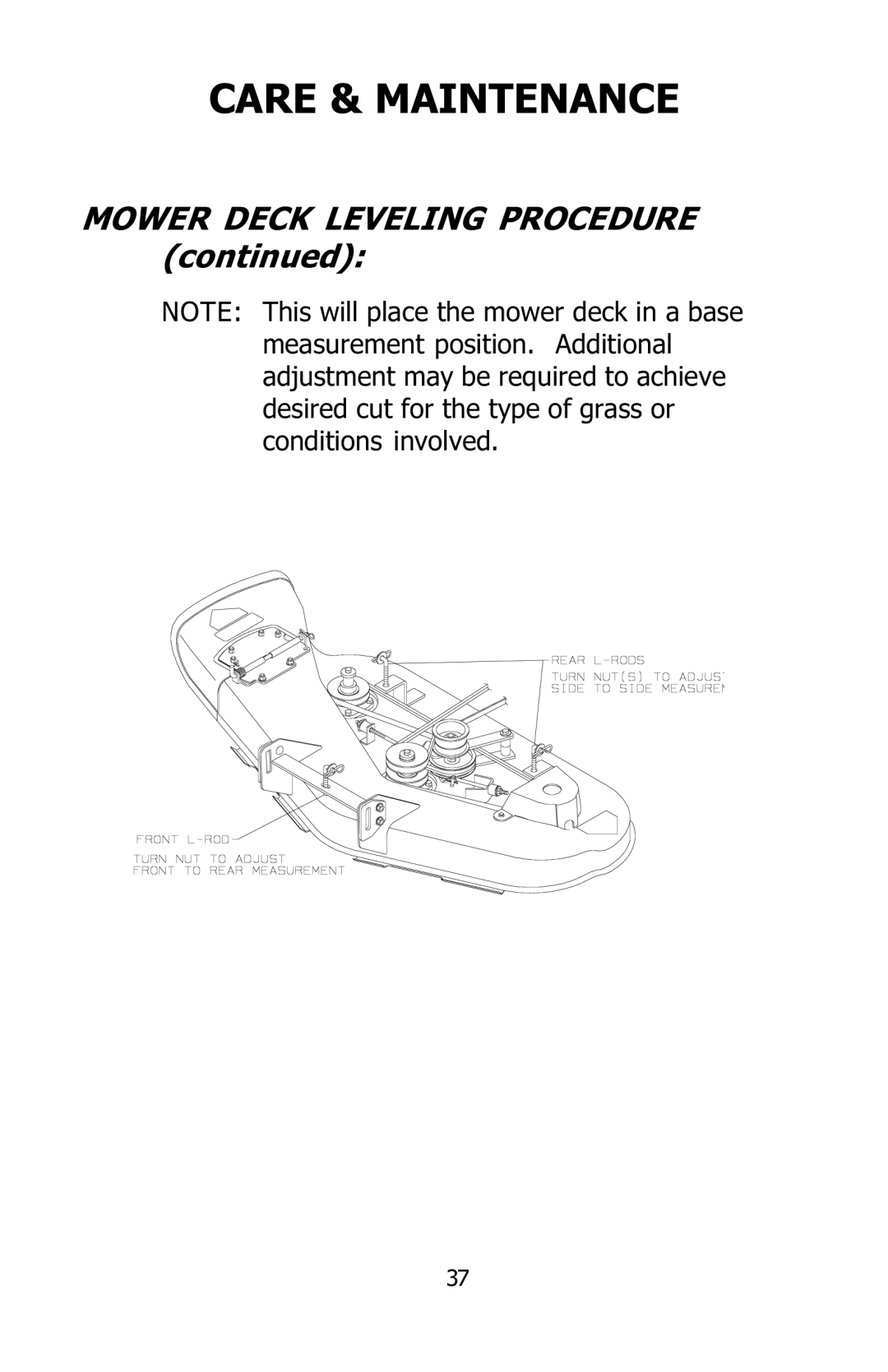 Dixon 16134-0803 manual Mower Deck Leveling Procedure 