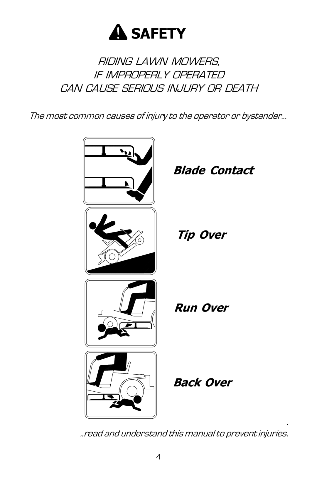 Dixon 16134-0803 manual Safety, Blade Contact Tip Over Run Over Back Over 