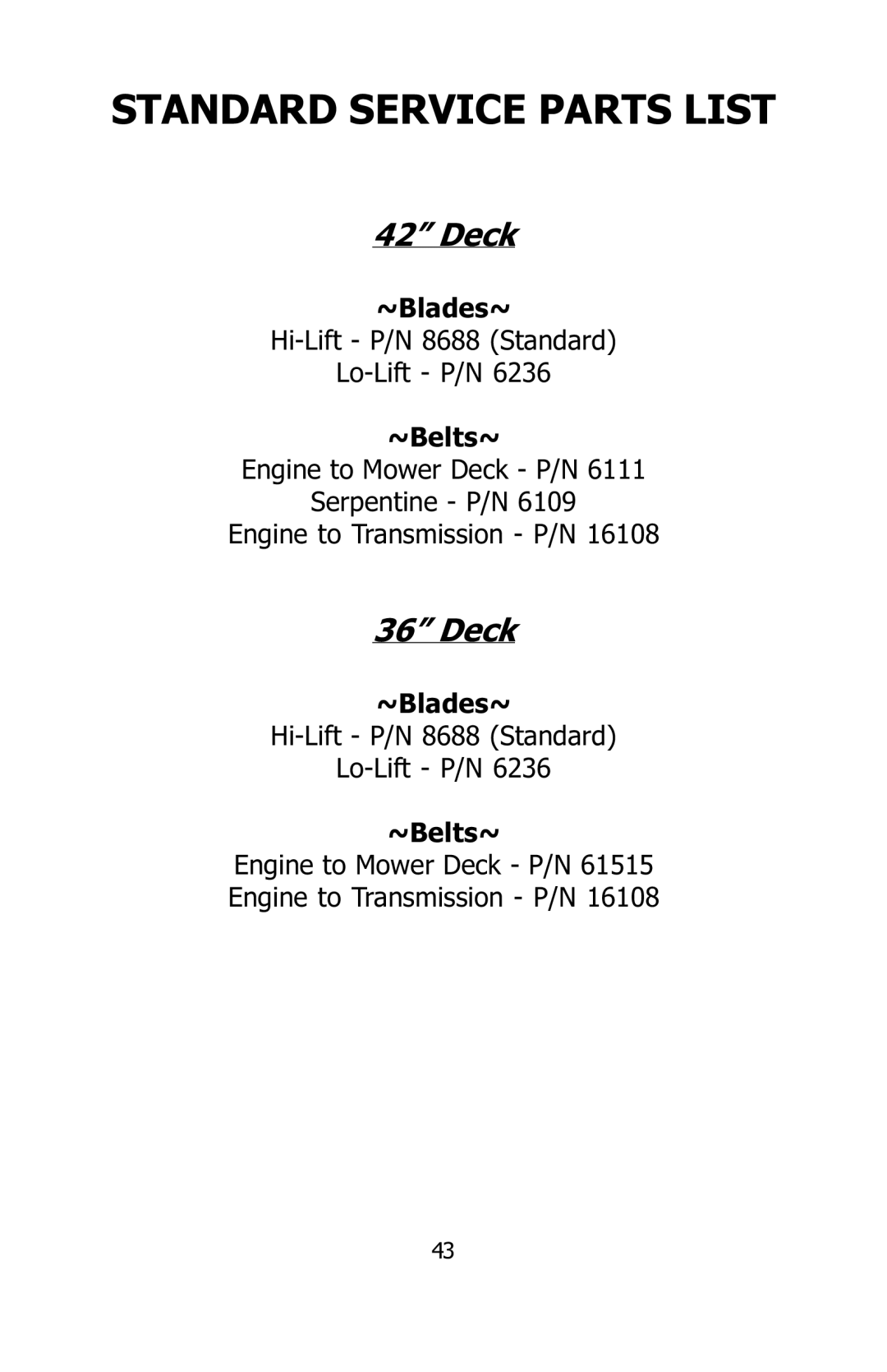 Dixon 16134-0803 manual Standard Service Parts List, Deck 