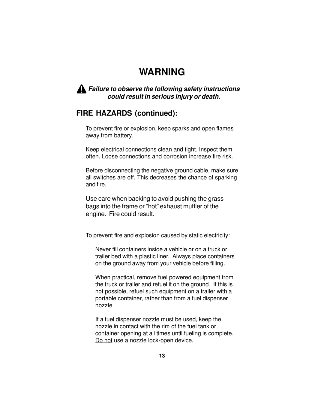 Dixon 16463-0704 manual Fire Hazards 