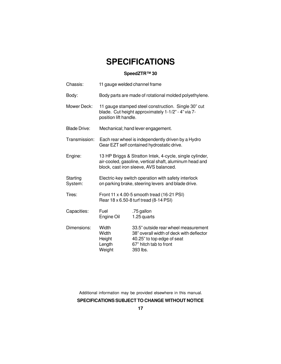 Dixon 16463-0704 manual Specifications, SpeedZTR 