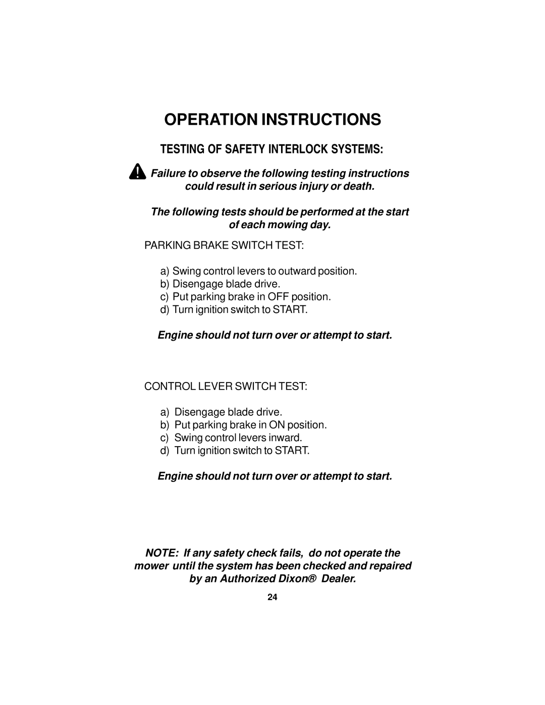 Dixon 16463-0704 manual Testing of Safety Interlock Systems, Parking Brake Switch Test 