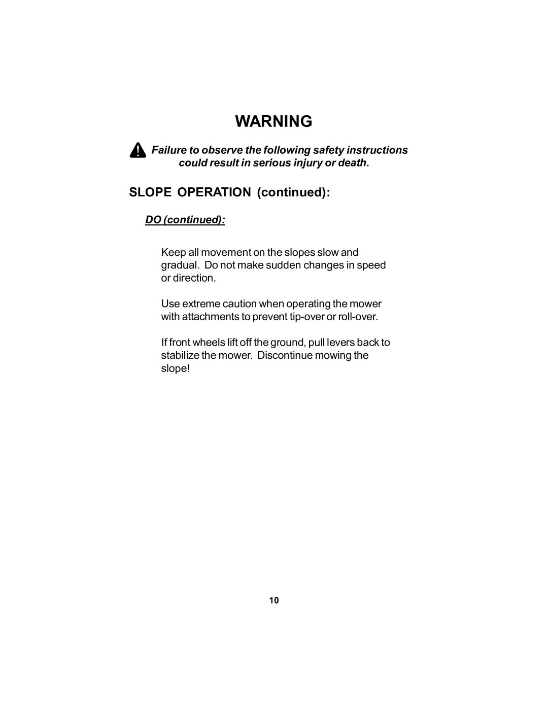 Dixon 16463-106 manual Slope Operation 