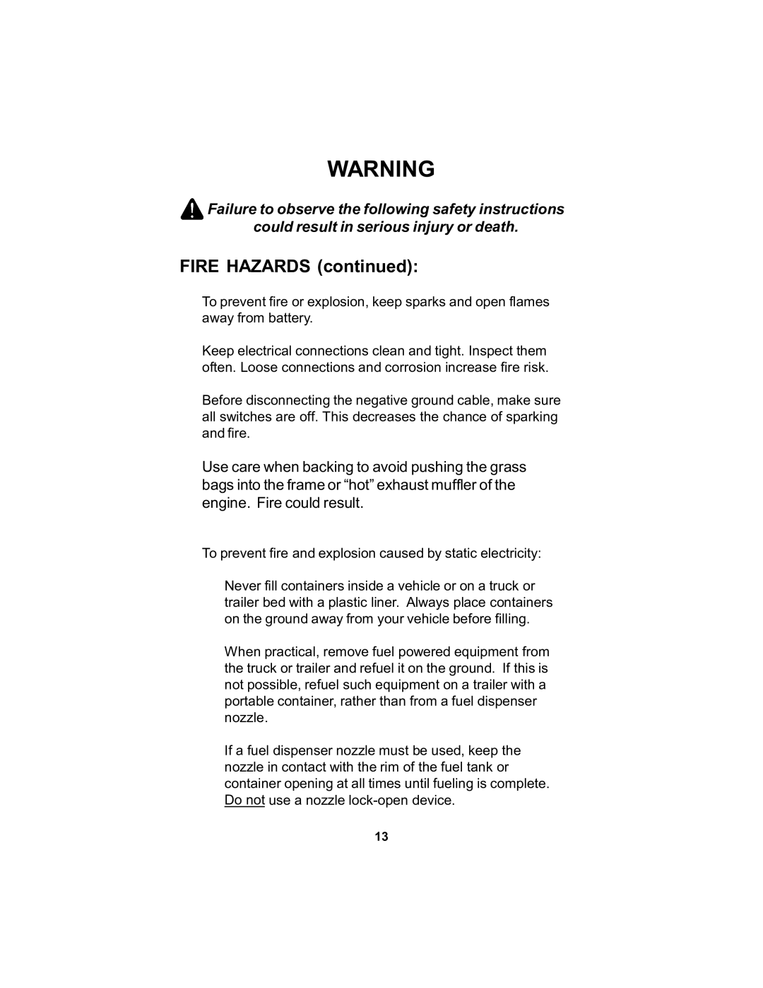 Dixon 16463-106 manual Fire Hazards 