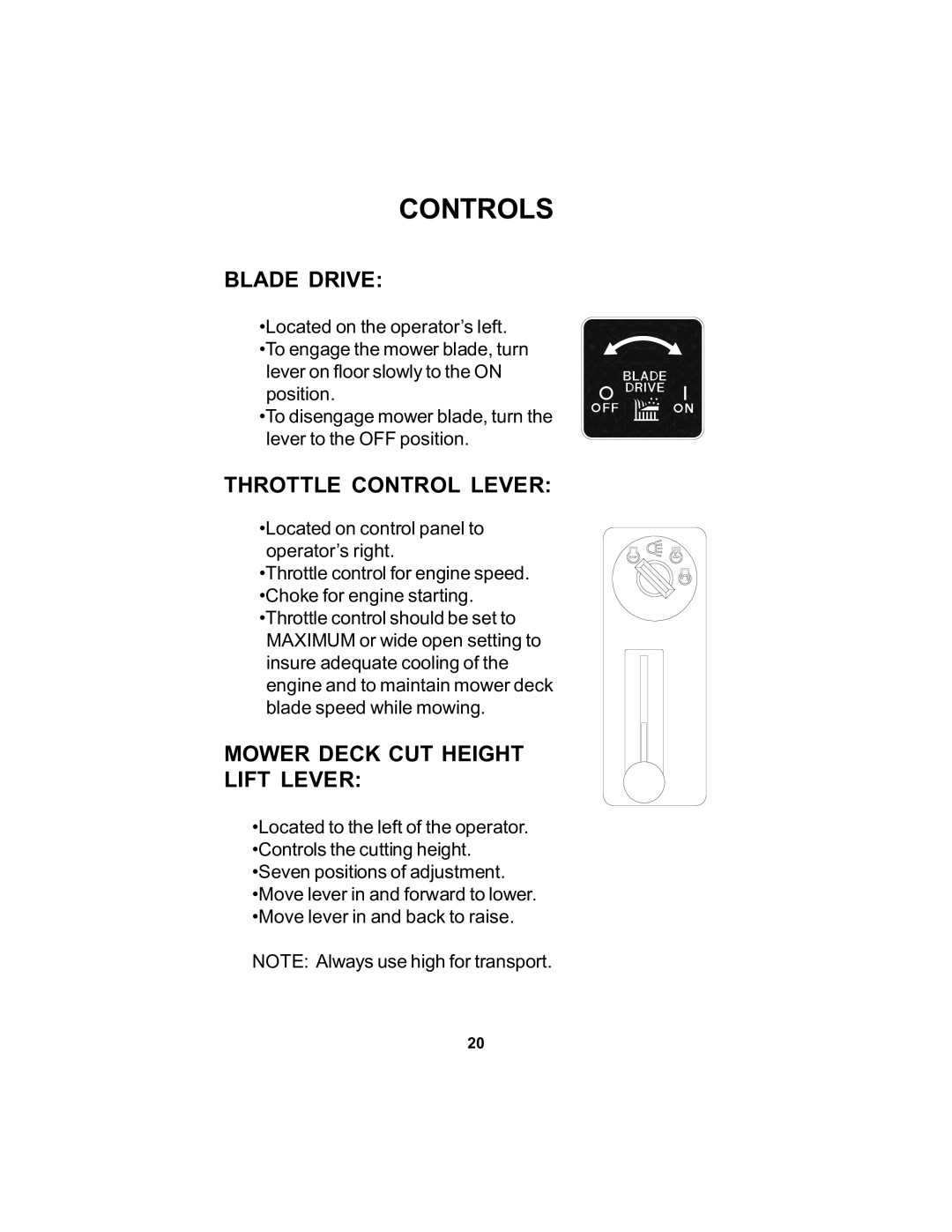 Dixon 16463-106 manual Blade Drive, Throttle Control Lever, Mower Deck CUT Height Lift Lever 