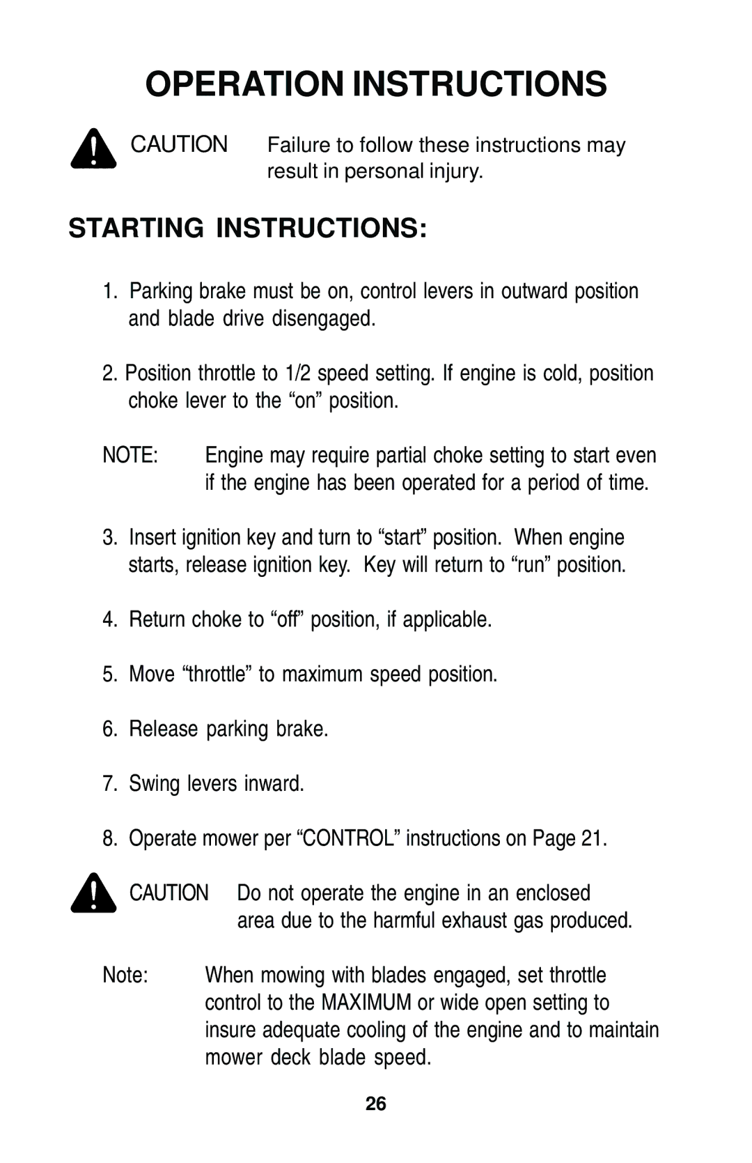 Dixon 17823-0704 manual Starting Instructions 