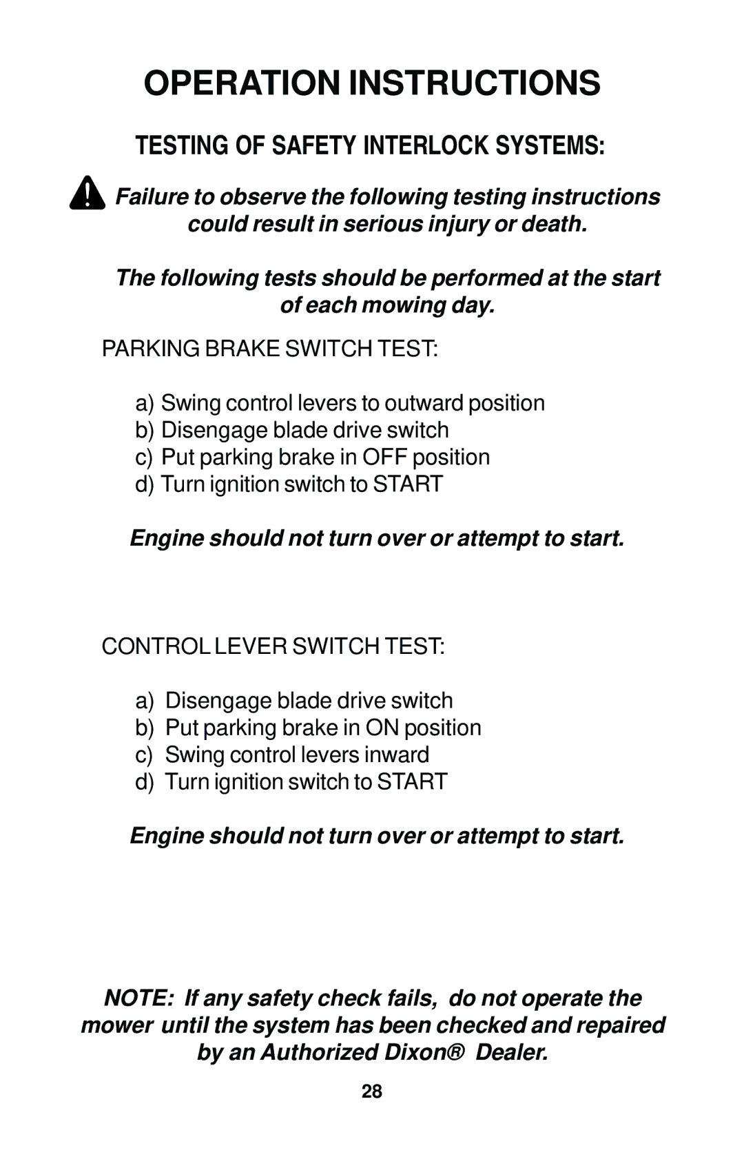 Dixon 17823-0704 manual Testing of Safety Interlock Systems, Parking Brake Switch Test 