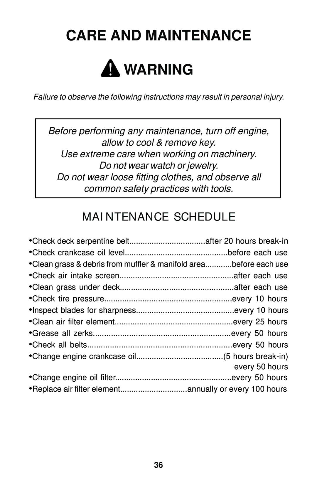 Dixon 17823-0704 manual Care and Maintenance, Maintenance Schedule 