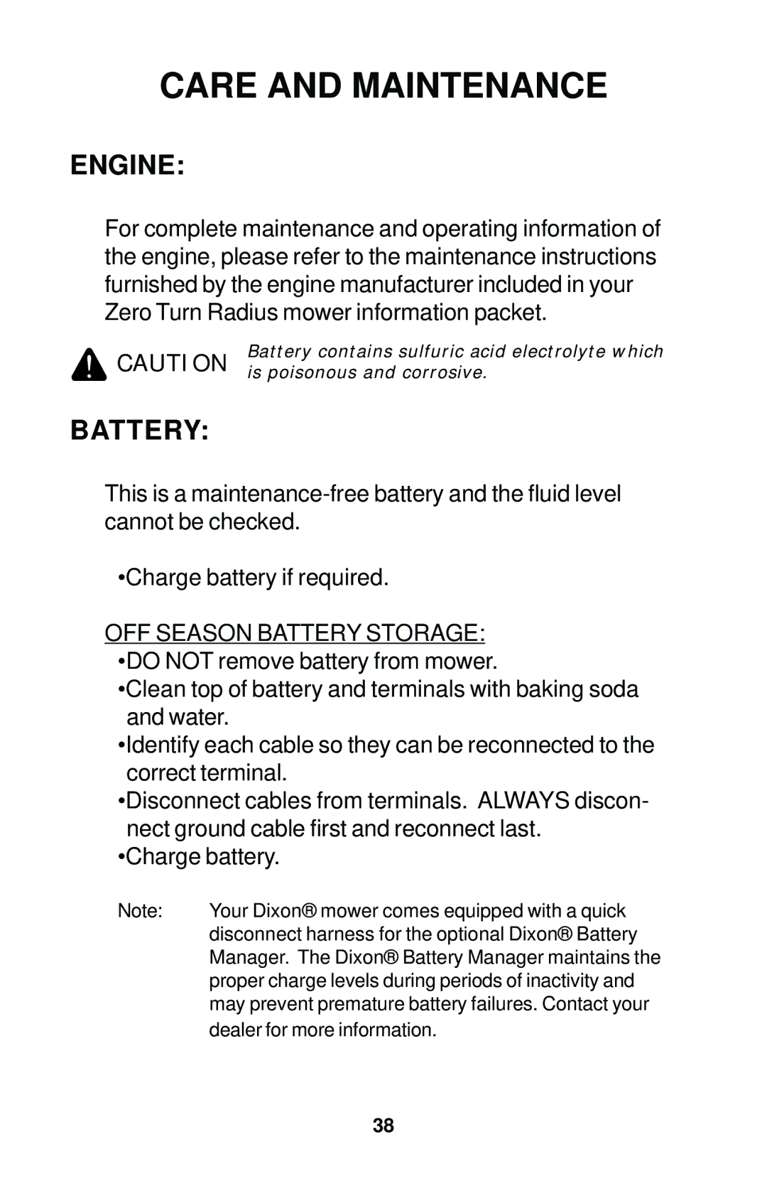 Dixon 17823-0704 manual Engine, Battery 