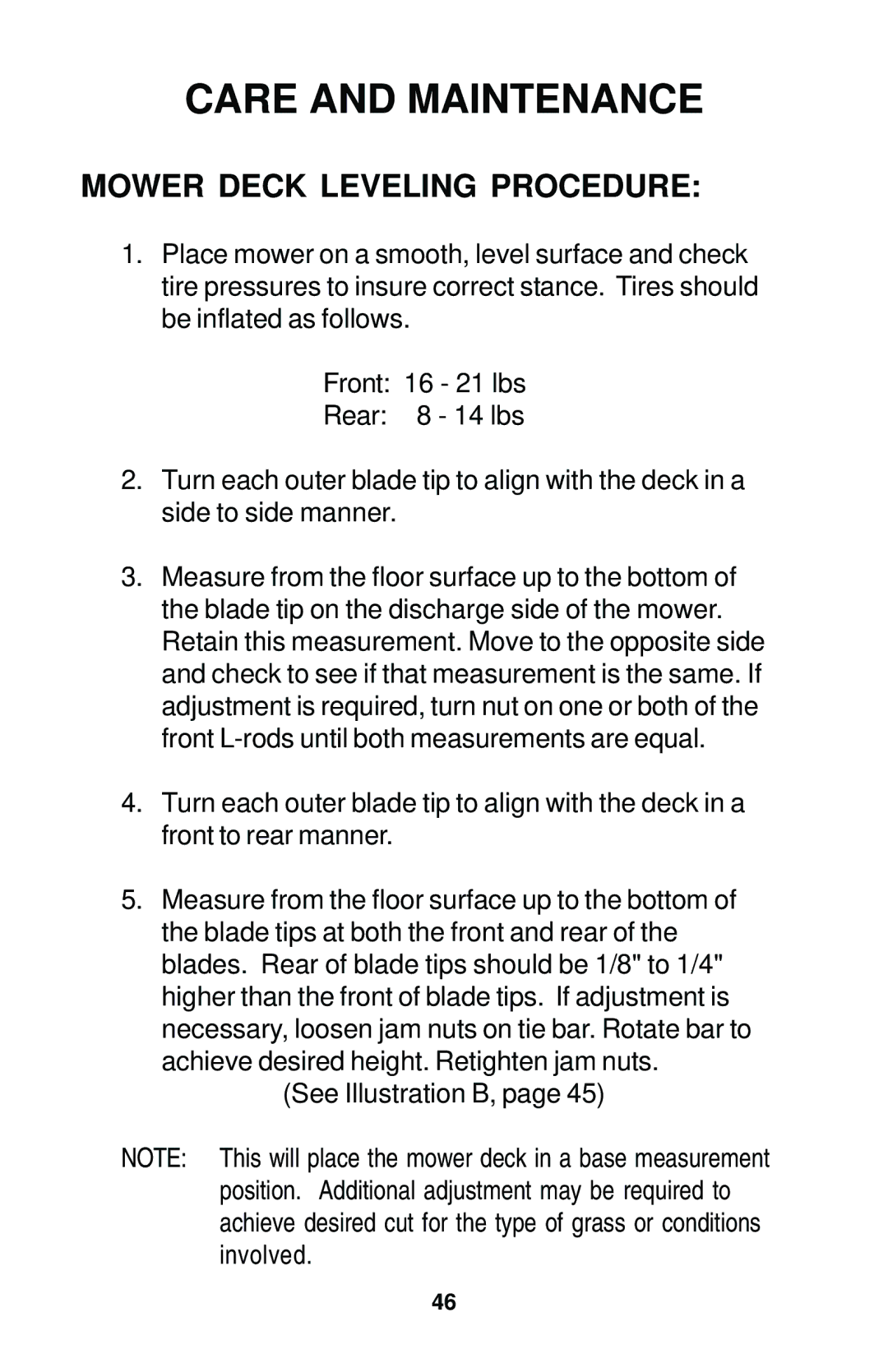 Dixon 17823-0704 manual Mower Deck Leveling Procedure 