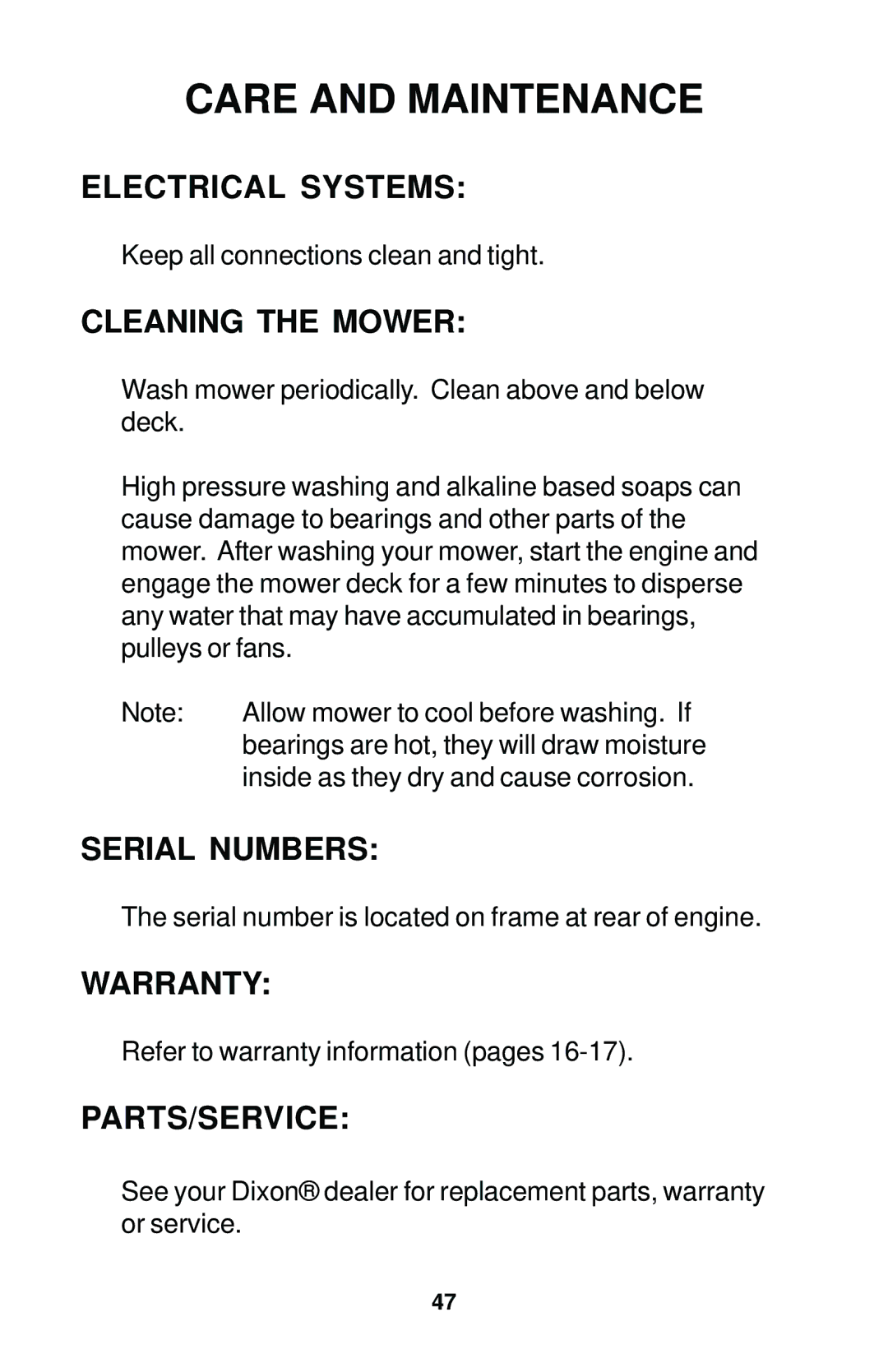 Dixon 17823-0704 manual Electrical Systems, Cleaning the Mower, Serial Numbers, Warranty, Parts/Service 