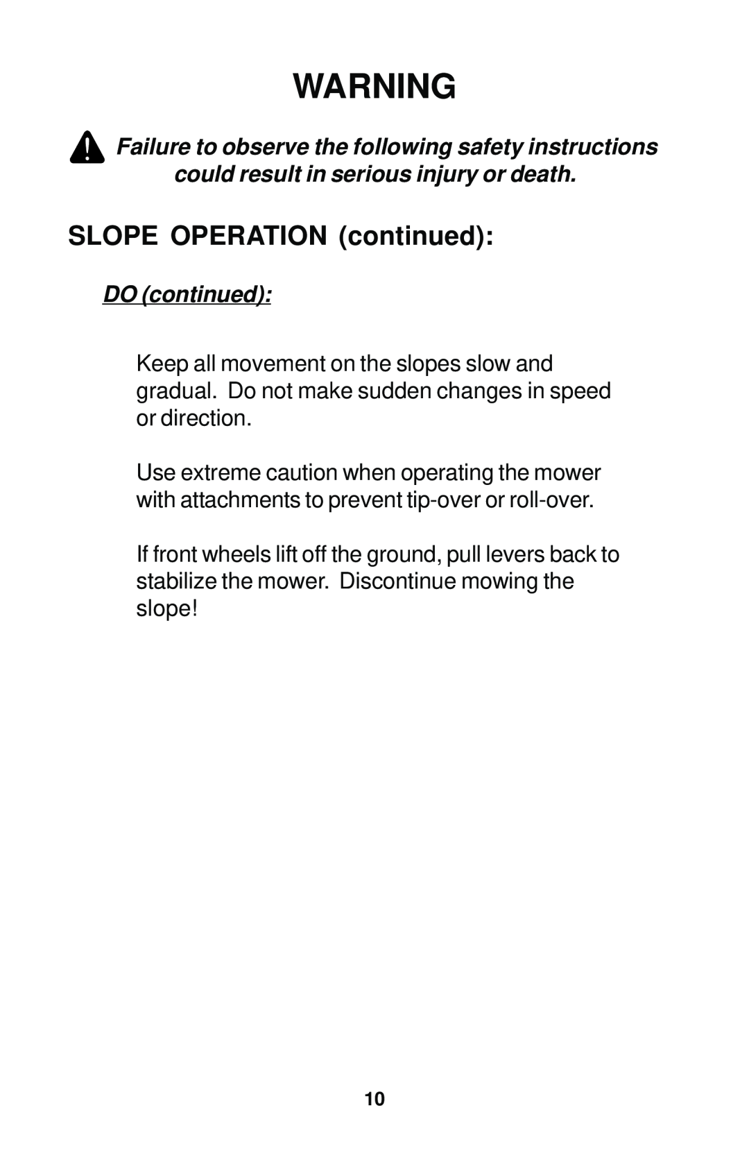 Dixon 17823-0704 manual SLOPE OPERATION continued, DO continued 
