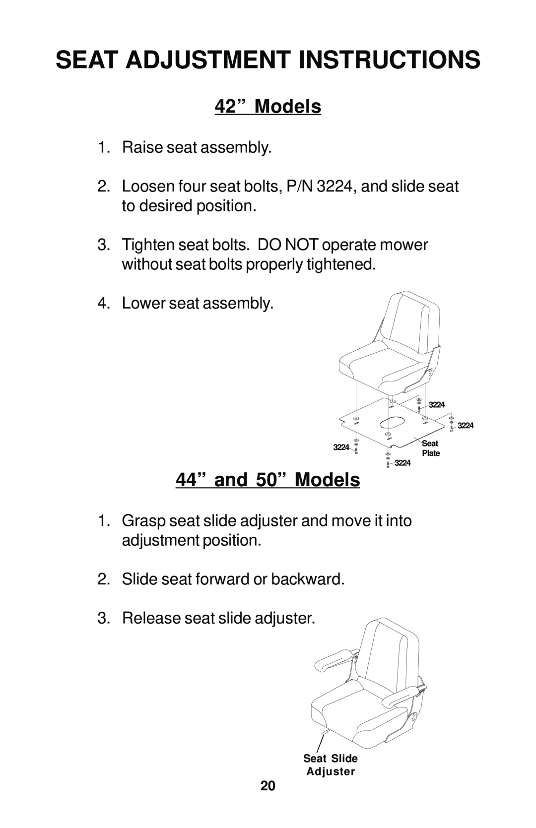 Dixon 17823-0704 manual Seat Adjustment Instructions, 42” Models, 44” and 50” Models 