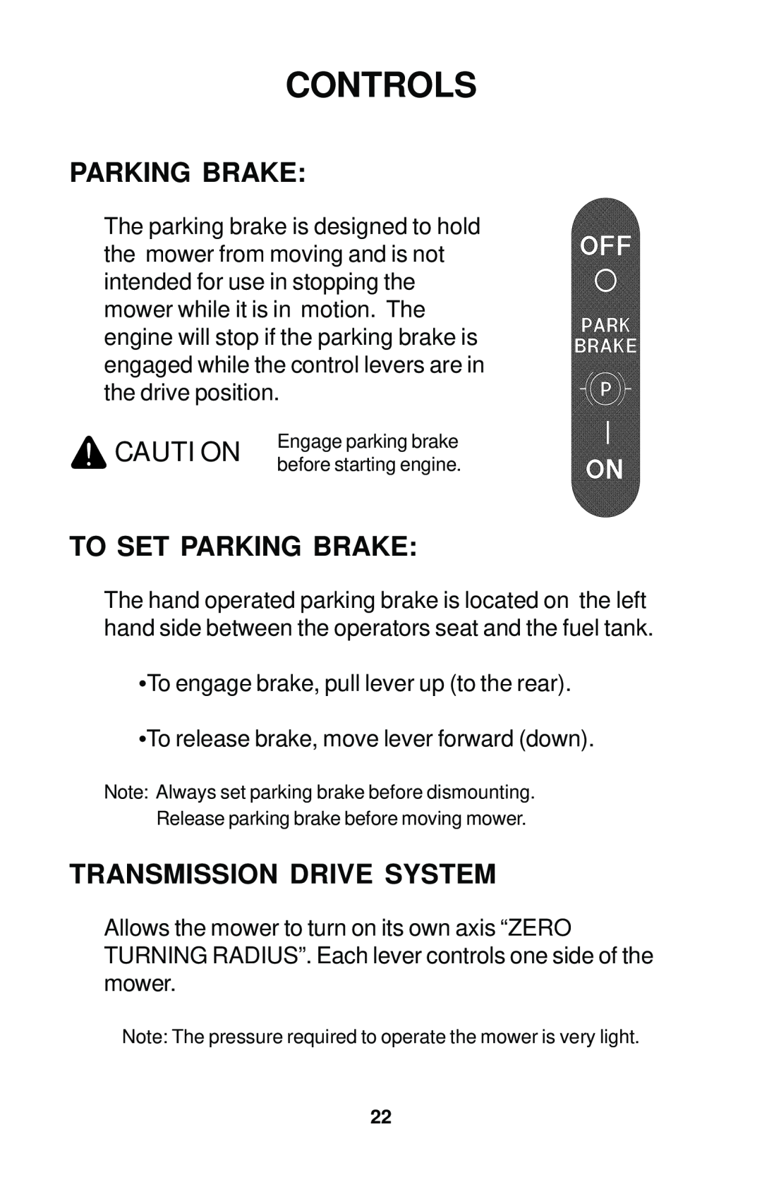 Dixon 17823-0704 manual To Set Parking Brake, Transmission Drive System, Controls 