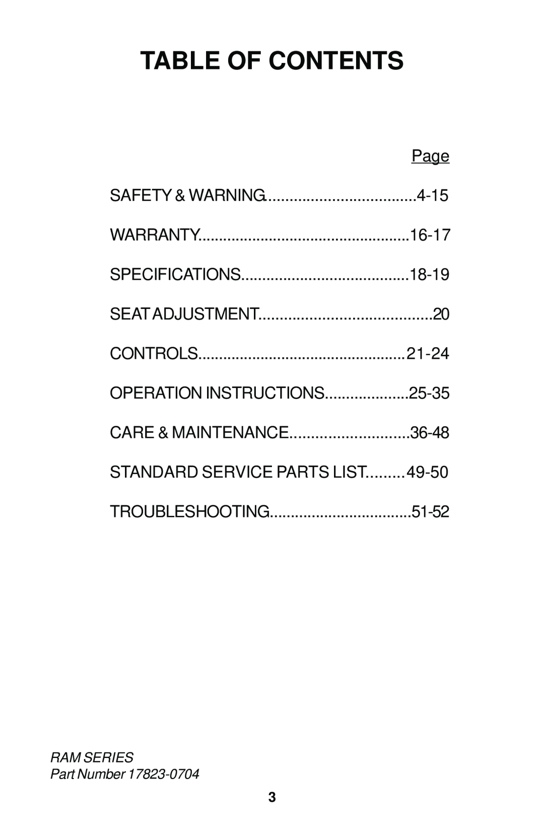 Dixon 17823-0704 manual Table Of Contents 