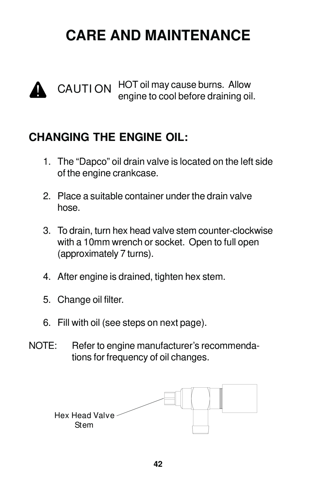 Dixon 17823-0704 manual Changing The Engine Oil, Care And Maintenance 