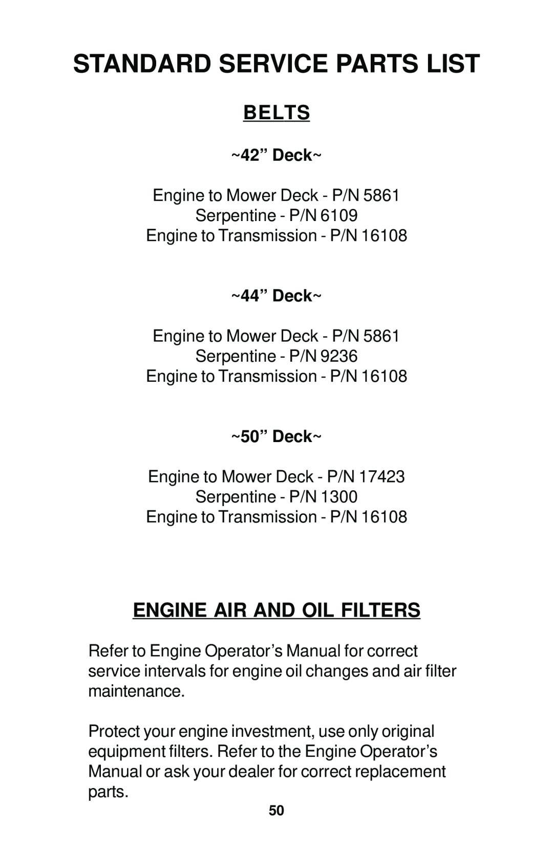 Dixon 17823-0704 manual Engine Air And Oil Filters, Standard Service Parts List, Belts, ~42” Deck~, ~44” Deck~, ~50” Deck~ 