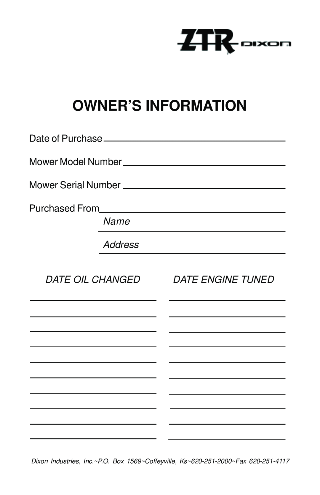 Dixon 17823-0704 manual Owner’S Information, Date of Purchase Mower Model Number, Mower Serial Number Purchased From 
