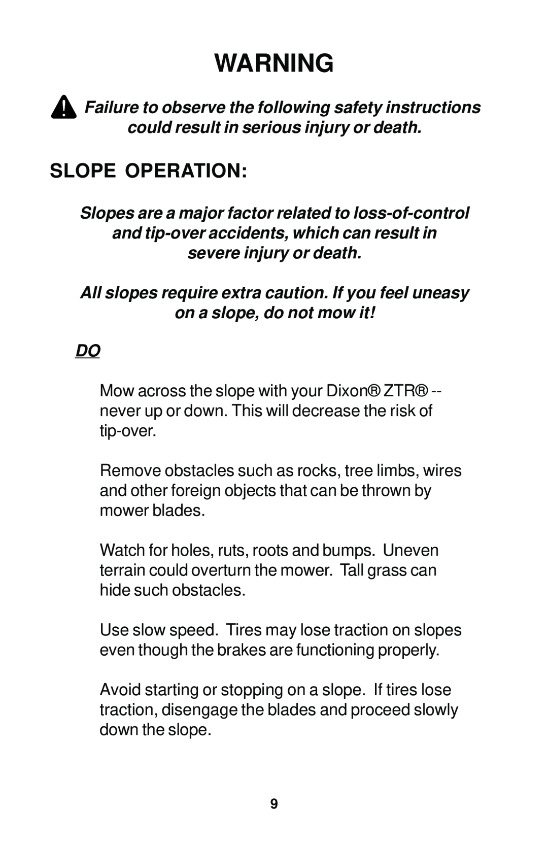 Dixon 17823-0704 manual Slope Operation 